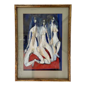 1970s Composition With Figures Figurative Gouache Painting by Zainab Reddy, Framed