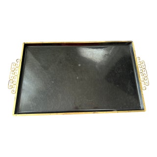 Vintage Mid Century Kyes Moire Glaze Brass and Enamel Tray, Black, 1960s For Sale