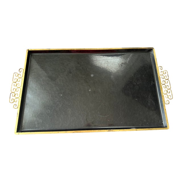 Vintage Mid Century Kyes Moire Glaze Brass and Enamel Tray, Black, 1960s For Sale