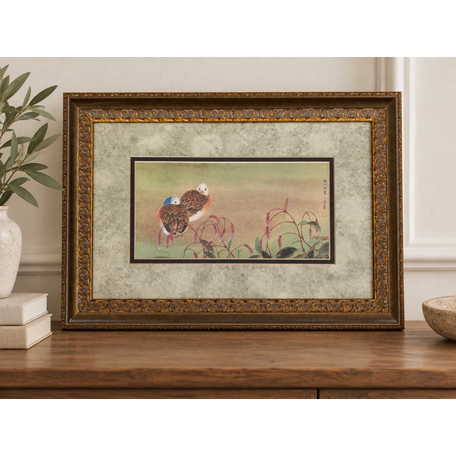 An elegant example of traditional Chinese bird-and-flower artistry, this beautifully framed bookplate features two...