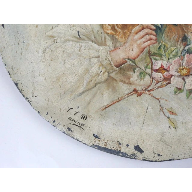 Antique 1896 french oil on tin portrait painting of young girl with pink roses. Signed VVM and dated Mars 1896 lower left....