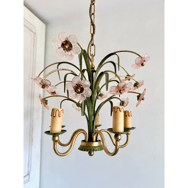Italian Pink Glass Floral Chandelier with Gilt Tole Leaves from Banci Firenze, 1970s For Sale - Image 3 of 16