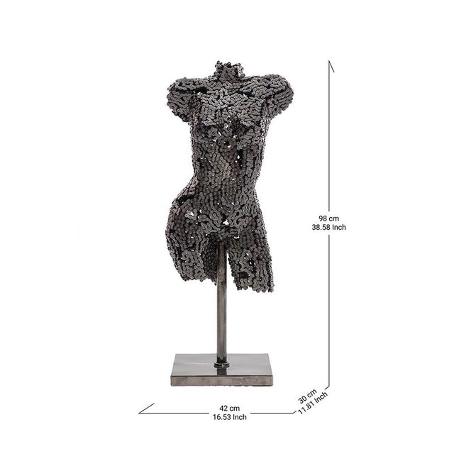 This 98 cm handmade female torso metal sculpture is a striking contemporary industrial artwork crafted entirely from...