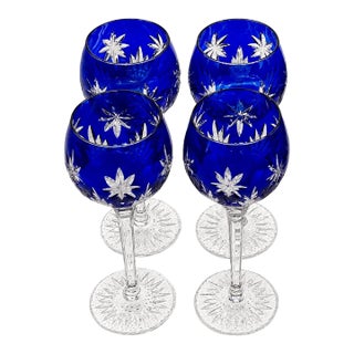 1980s Horst Belda Stars of Midnight German Cobalt Cut Crystal Wine Glasses - Set of 4 For Sale