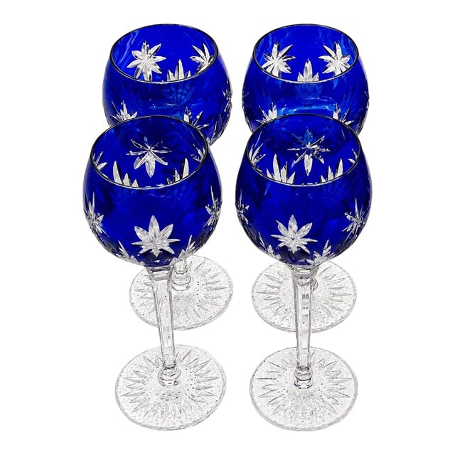 1980s Horst Belda Stars of Midnight German Cobalt Cut Crystal Wine Glasses - Set of 4 For Sale