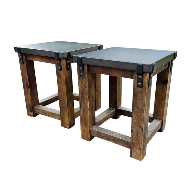 Restoration Hardware RH Reclaimed Wood & Aged Zinc Strap Side Tables – Rustic Industrial Farmhouse Accent Tables...