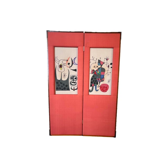 Wood Vintage Mid Century Modern Needlepoint Joan Miro Style Small Room Divider Wall Art Faux Bamboo Abstract For Sale - Image 7 of 10