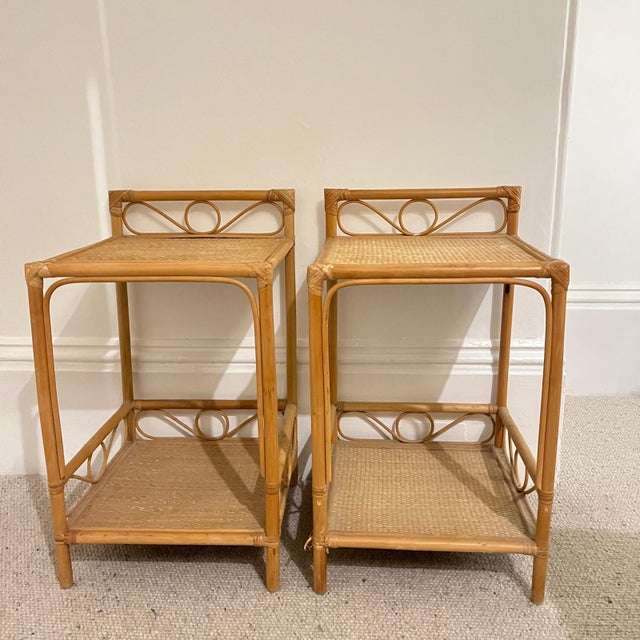 Mid-Century Bamboo & Rattan Bedside Tables with Gallery Tops, Set of 2 For Sale - Image 10 of 12