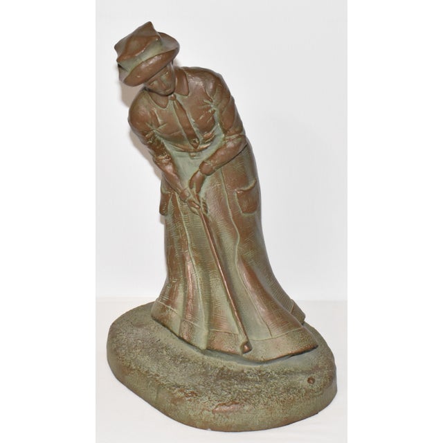 Vintage Mid 20th Century Lady Golfer Statue Patinated Bronze Over Stone