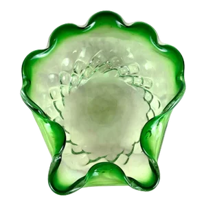 Mid-Century Italian Murano Green Art Glass Scallop Shell Bowl