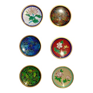 Set of Six Vintage Chinese Cloisonne Enamel Round 3” Trinket Dish Plates For Sale