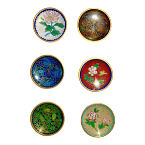 Set of Six Vintage Chinese Cloisonne Enamel Round 3” Trinket Dish Plates