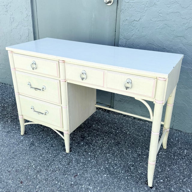 Coastal Vintage Coastal Faux Bamboo Cream and Pink Desk by Thomasville For Sale - Image 3 of 8