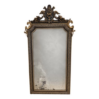 Antique Victorian Gothic Mirror with Silver Leaf Inlay over Black Gesso Frame, 1850 For Sale