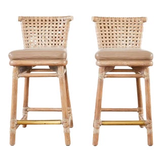 Pair of McGuire Laced Leather Rawhide Cerused Rattan Barstools For Sale