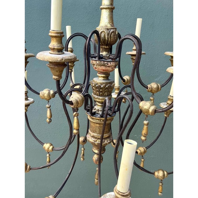 Cream Vintage Gilt Wood and Metal Twelve-Light Chandelier For Sale - Image 8 of 12