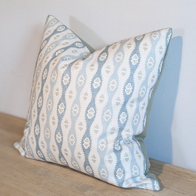 Lee Jofa Elba print pillow in chambray colorway - medium and light blue, with a sage green. Coordinating sage green linen...