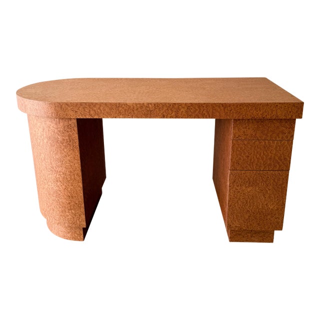 Vintage 80s Deco Postmodern Burlwood Writing Desk For Sale