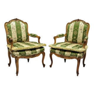 Antique French Louis XV Style Green & Gold Walnut Fauteuil Arm Chairs - A Pair For Sale