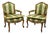 Antique French Louis XV Style Green & Gold Walnut Fauteuil Arm Chairs - A Pair For Sale