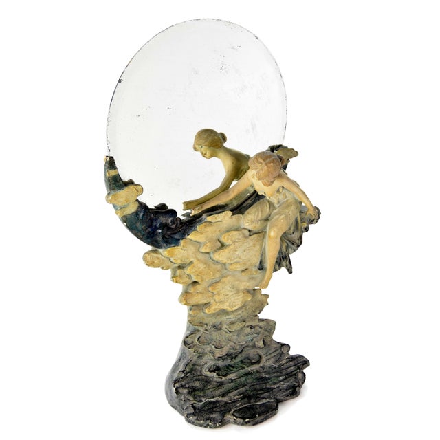 Antique Vanity Mirror with Smiling Moon and Lady, Austria, 1900s For Sale - Image 4 of 8