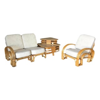 Restored Double Horseshoe Rattan Sofa, Lounge Chair, Side Table Living Room Set For Sale