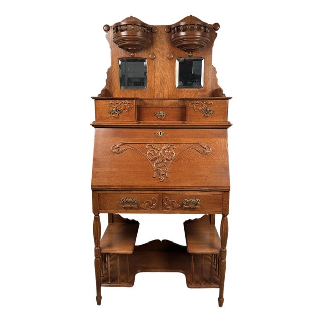 Early 19th Century Victorian Antique Golden Oak Slant Front Secretary Desk Etagere For Sale