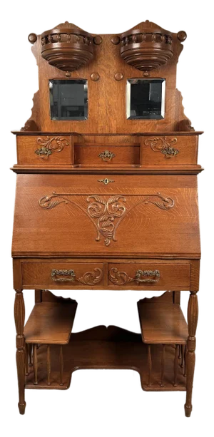 Early 19th Century Victorian Antique Golden Oak Slant Front Secretary Desk Etagere