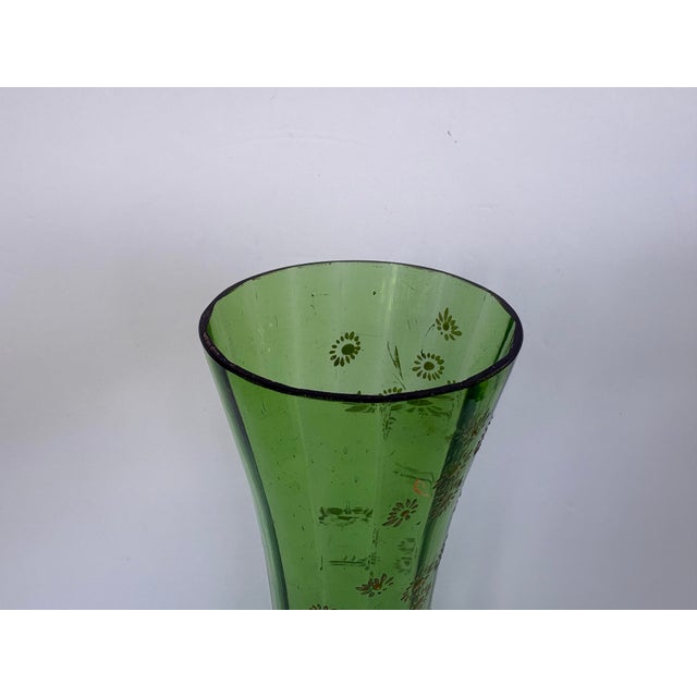 Vintage Bohemian Green Glass Hand-Enameled Floral Vase, 12” For Sale - Image 9 of 12