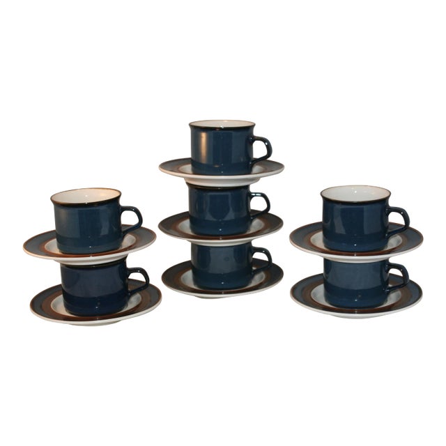 Vintage 1970s Japan Haniwa Stone by Ranmaru Capri Pattern Cups & Saucers- 14 Pieces For Sale