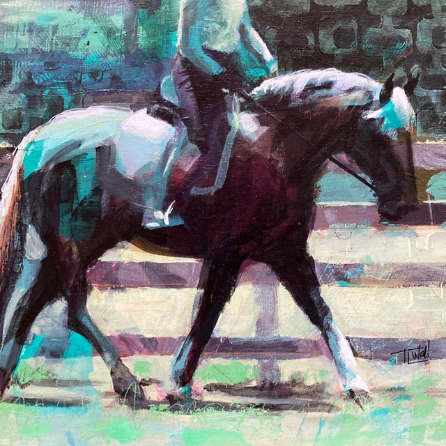 Balanced Carriage by Tracy Wall | Oil on Panel Horse and rider in motion on a grassy field. For Sale