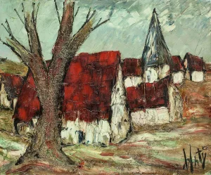 Henri d'Anty, French Modernist Mid Century Abstract Village Landscape Oil Painting