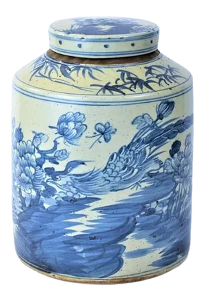 Contemporary Chinoiserie Porcelain Blue White Pheasant Tea Jar