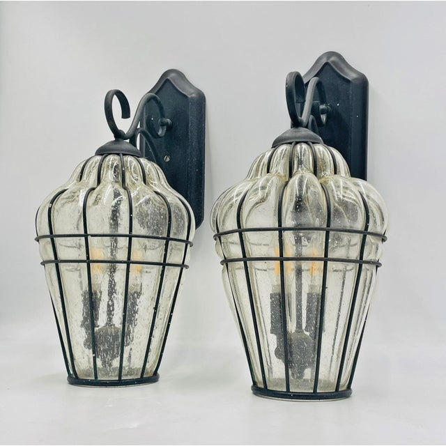 Black Pair Murano Style Outdoor Wall Sconces Caged Glass Lanterns, March 2001 For Sale - Image 8 of 18
