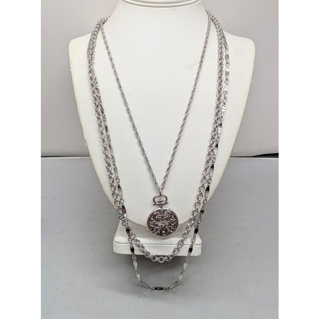 Mid-Century Modern Vintage 1964 Signed Napier Silvertone Victorian Pocketwatch Style Pendant Necklace For Sale - Image 3 of 8