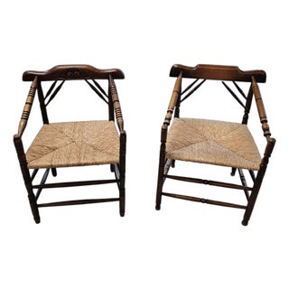 Dutch Oak and Rush Chairs, 1930s, Set of 2 For Sale