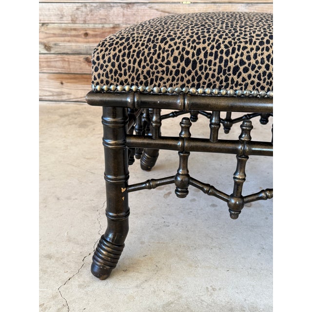 Ornamental & Decorative Materials Vintage Chinoiserie Faux Bamboo Fretwork Ottomans With Leopard Upholstery-Pair For Sale - Image 7 of 12