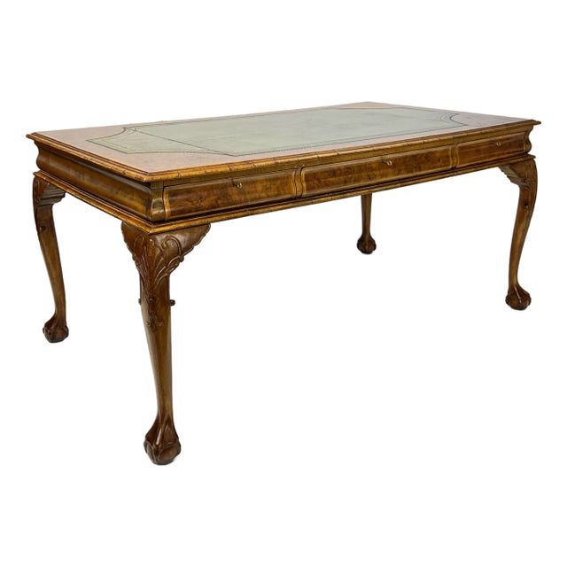 Mid 20th Century Large English Chippendale Style Burl Walnut Partners Desk With Ogee Molded Drawers For Sale