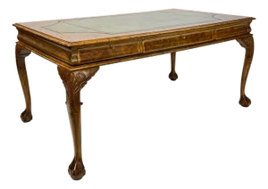 Mid 20th Century Large English Chippendale Style Burl Walnut Partners Desk With Ogee Molded Drawers