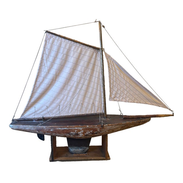Early 20th Century Gaff-Rigged Carved Wood Pond Yacht on Custom Cradle For Sale