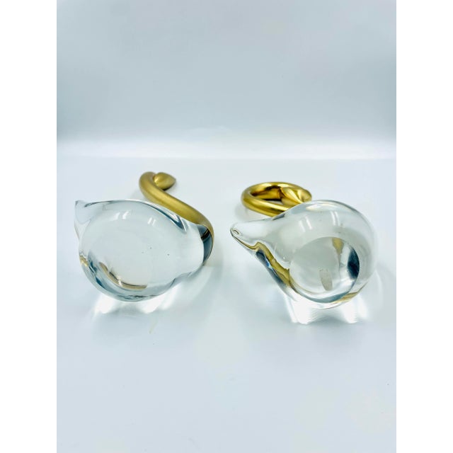 Brass Mid 20th Century Set of 2 Hand Blown Clear Art Glass & Brass Swan Sculptures/Figurines For Sale - Image 8 of 12