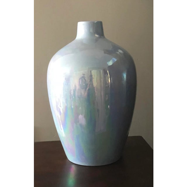 Contemporary Opalescent Glaze Large Modernist Aqua Studio Pottery Vase For Sale - Image 3 of 3