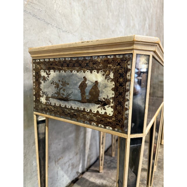 Pair of Églomisé Mirrored Chinoiserie Nightstands, Reverse-Painted One-Drawer For Sale - Image 15 of 17