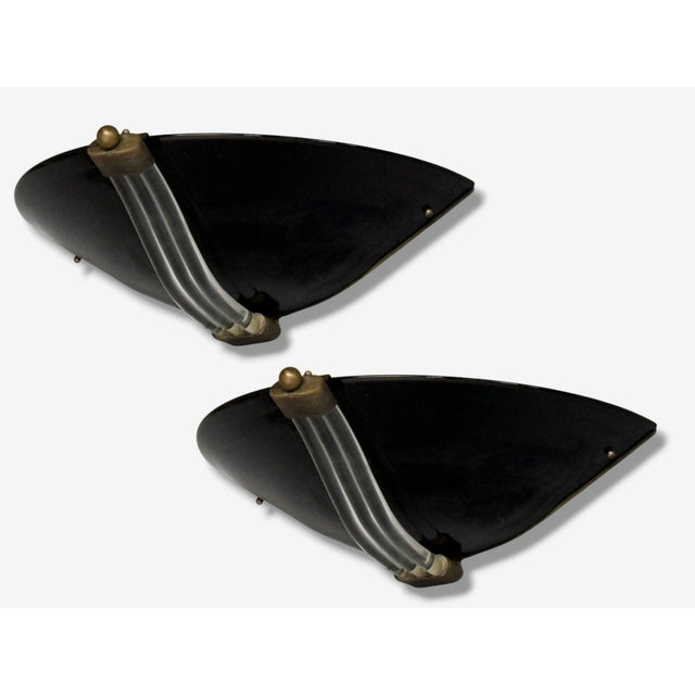 Italian Mid-Century Modern, Black Murano Glass, Brass, Large Sconces or Wall Lights, Italy, 1930s Pair of monumental...