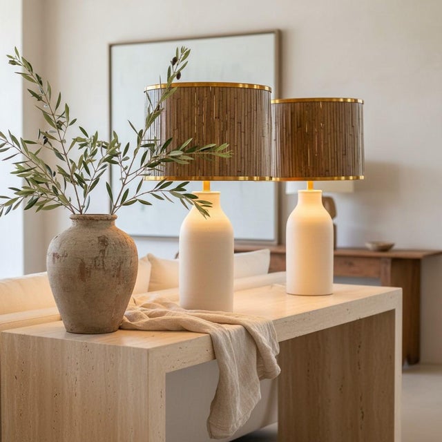 Vintage Mid Century Modern Split Bamboo Lamp Shades Pair-Brass-Tiki-Organic Modern-Tropical - a Pair For Sale - Image 6 of 11