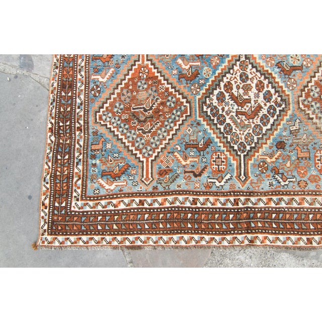 1910s Antique Geometric and Figural Brown Blue Wool Hand-Knotted Rug For Sale In Los Angeles - Image 6 of 10