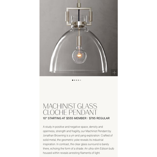 New in original packaging from Restoration Hardware: Machinist pendant light with clear glass cloche shade, suspended from...