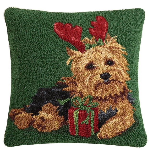 Traditional Christmas Yorkshire Terrier Hook Pillow 16" x 16" For Sale - Image 3 of 3