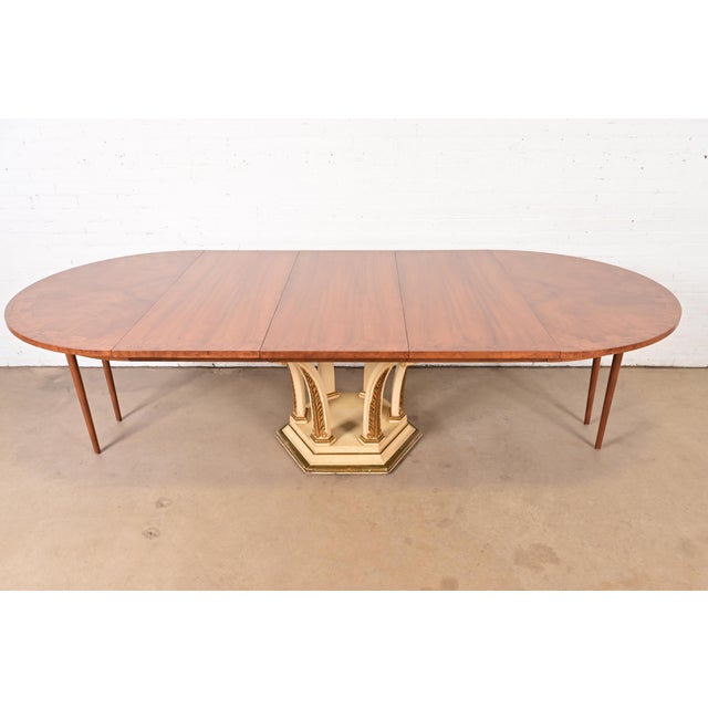 Mastercraft Italian Neoclassical Walnut and Burl Wood Parcel Gilt Pedestal Extension Dining Table For Sale - Image 9 of 15