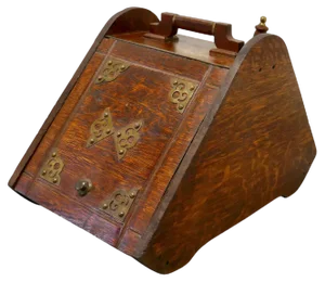 Victorian Oak Coal Box with Liner and Shovel, 1880s, Set of 2